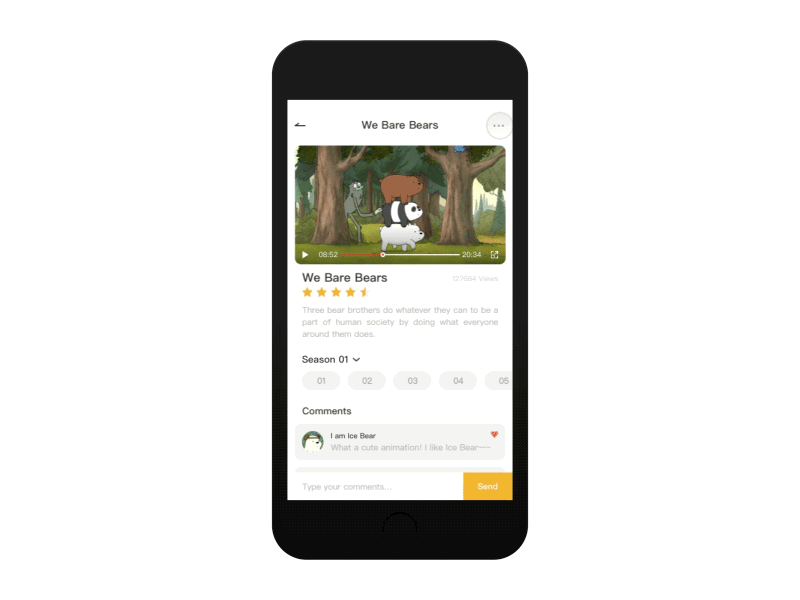 Daily UI-009-video player animation bear clean comment like player video white yellow