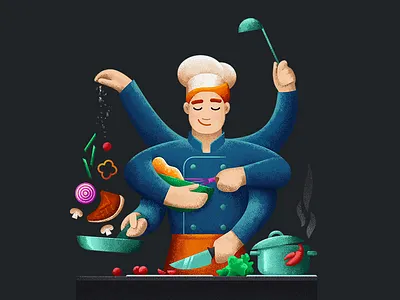 A little chef application cook food grain illustration man onboarding pan vegetables