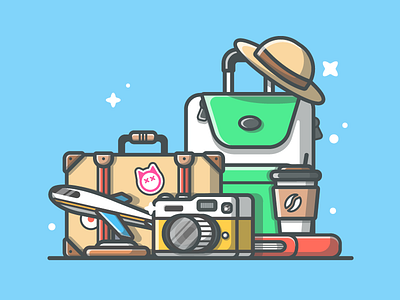 Traveling! ✌😁✈📷 book camera coffee dribbble flat icon illustration plane shots travel traveling vector