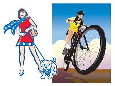 Cracker Jill And Bike Lady america bicycle bike characters cracker dog graphic design jack jill popcorn puppy sports vector women