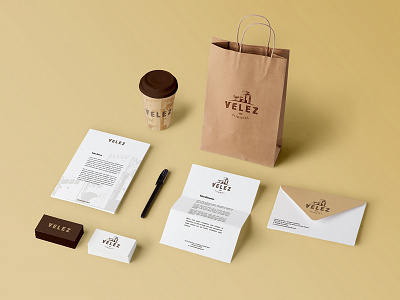 Stationery for Velez brand identity branding business card design food food branding graphic design identity design shopping bag stationery