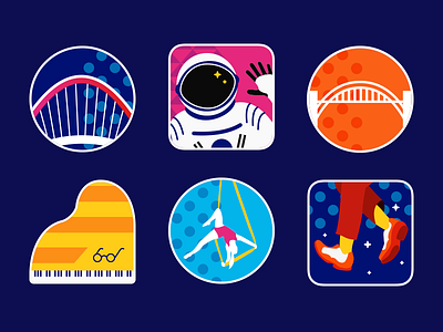 Exhibition Badges badges bridge dance illustration mobile piano space stickers
