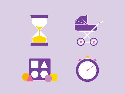 Baby Icon Set 2d baby buggy clock cute hourglass illustration purple stopwatch toy vector
