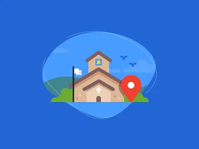 Church Location bell birds building bushes clouds cross flag hills location tag