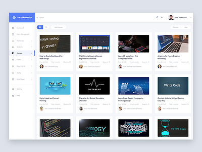 ANA University - Courses List admin template app college dashboard education image list list professors list university user interface web web template