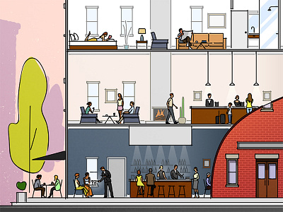 Hotel Cutaway bar building color cutaway editorial hotel illustration line restaurant vector