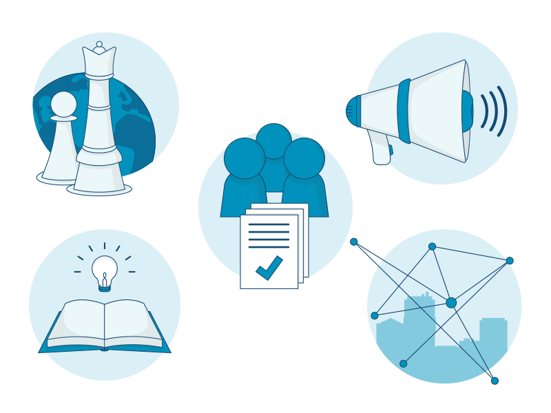 Production Icons connections icons illustration knowledge production reach solutions strategy vector