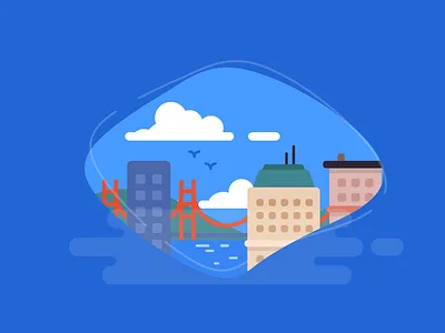 City bird bridge building city clouds fog hills water