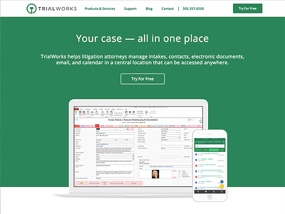 Trialworks Marketing Site green landing legal litigation marketing redesign trialworks