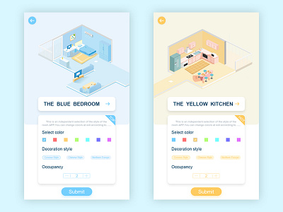 Choose Room Style app blue financial furniture isometric room yellow