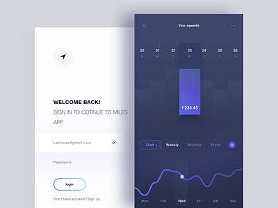 Spends and Sign in Screens. chart dark expenses flat gradient mobile sign in signup spend white