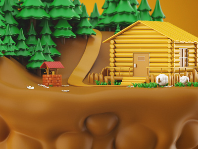Cute Land cabin cartoon cute flowers landscape sheep toy well wood
