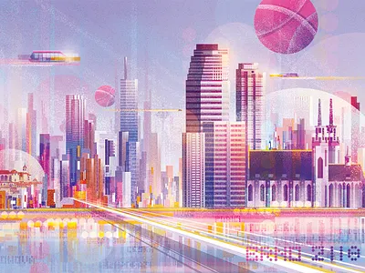 Hello Dribbble! ball city debut debut shot dribbble first first shot illustration invitation shot skyscrapers thanks