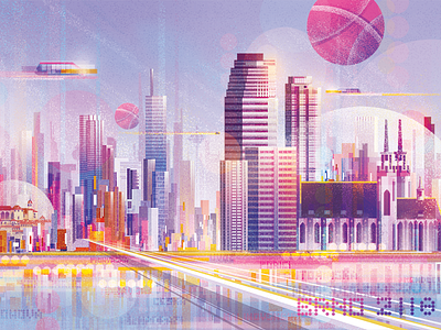 Hello Dribbble! ball city debut debut shot dribbble first first shot illustration invitation shot skyscrapers thanks