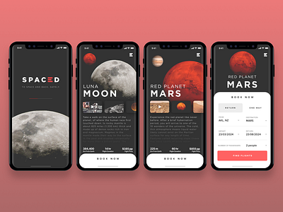 Spaced iOS booking flow - part 1 booking design flights gradients ios iphonex scifi spacedchallenge travel unsplash web