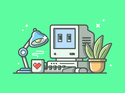 Oldie but goldie ~ 😁✌ coffee computer dribbble flat icon illustration lamp love old plant shots vector