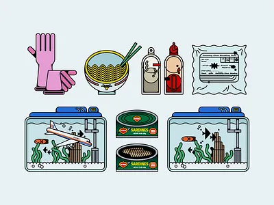 Chungking Express 2d can design fish tank illustration movie rubber gloves sardine sauce vector