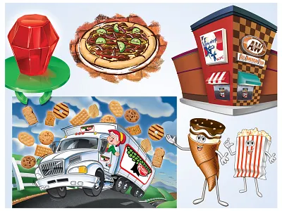 Mmmmmmm, Food Illustration! behind candy cartoon characters food keebler keebler elf kfc leave pizza popcorn promo promotional radio self shack vector