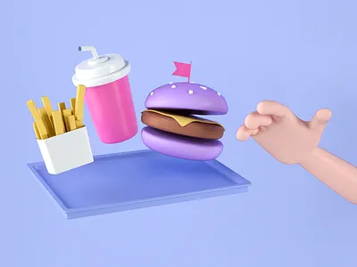 Food on the air 3d air burger cartoon colorful drink drop fast food flying food fries funny hand illustration junk food purple restaurant soda tasty toys