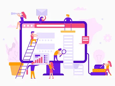 Teamwork process infographic. People create a wedsite. flat illustrationn infographic people process purple studio teamwork ui ux vector website