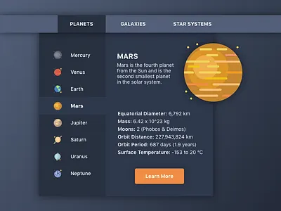 Dropdown dailyui dark ui dropdown flat design mars menu options planets space sub menu