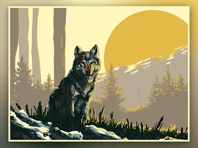 Wolf digital illustration mountains nature rocks trees wildlife wolf woods