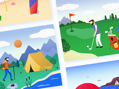 Vacation illustrations golf hike illustration graphic design illustrations mountains ocean sea ui vacation vector