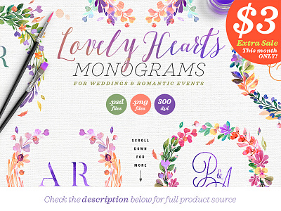 Lovely Hearts Monograms I floral greenery illustration invitation monogram purple ultra violet watercolor design watercolor template watercolor wedding wedding