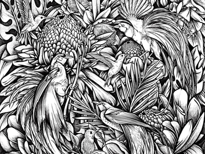 Birds birds dot work floral flowers paradise