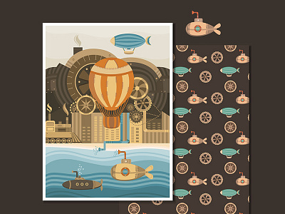 Steampunk postcards airship balloon card falt illustration mail postcard retro steampunk style vector vintage