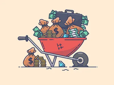 Money, money, money briefcase cash crown gems illustration jewels money wheelbarrow gold