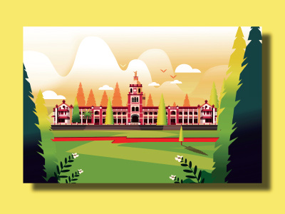 Campus birds buildings campus environment flat flat designs flowers garden illustration trees way