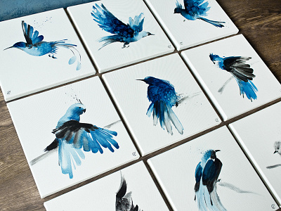 Works from interior project "Birds" bird black blue calligraphy canvas interior oil painting