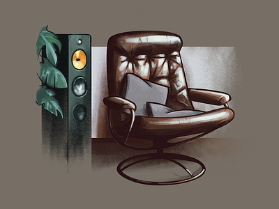 Haiku's office chair haiku illustration office painting plant speaker