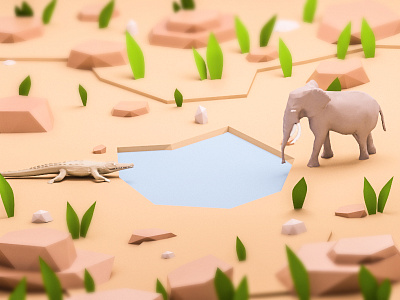 Crocodile And Elephant 3d animal elephant isometric landing page lowpoly nature rocks texture ui ux water web