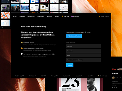 🎉 Now you can sign up for UIJar.com dark form inspiration like modal responsive rubyonrails side project signup tachyons twitter website