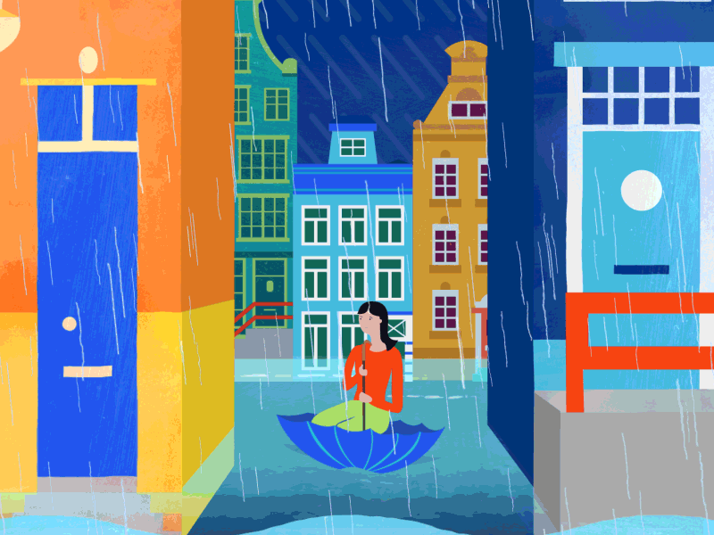 Robo MG Rainproof amsterdam animatie animation flooding loop motiondesign motiongraphics rain robomg vector
