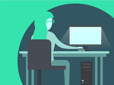 Burning the midnight oil computer flat glasses illustration night pc simple vector woman workspace