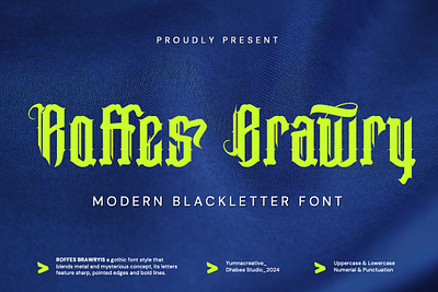 Roffes Brawry – Modern Blackletter Font brand classic decorative design display font fraktur gothic horror illustration ligature modern new old retro typeface typography unique vintage web