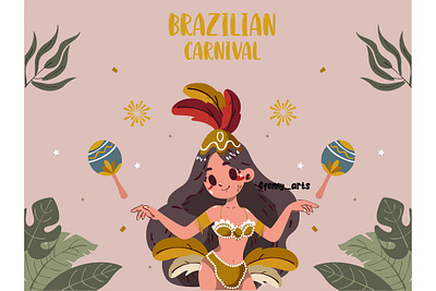 Brazilian Carnival with Tropical Dancer Illustration background brasil brazilian carnaval carnival celebration decorative entertainment event exotic festival fun holiday jungle leaves mask masquerade palm party woman