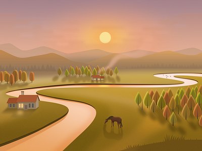 Prairie Sunset illustration mountain prairie river sunset ui