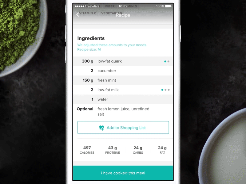 Ingredient Alternatives animation fitness food health ingredient interaction interface mobile nutrition recipe shopping list slider
