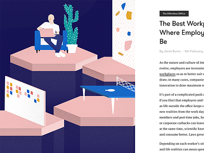 The evolution of the modern workplace. cactus editorial graphic illustration modern office modular office pingpong pink post its startup tech