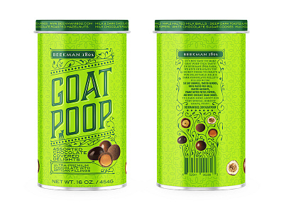 Goat Poop: rear detail beekman 1802 candy chocolates goat packaging poop tin