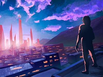 Ambientcloud city digitalpainting electronic environment man mix music painting perspective purple scifi sunset