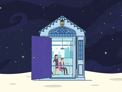 Switching between dimensions 2d illustration magic door moon space transition