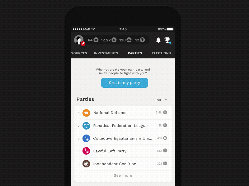 Politics Simulator — Create a Political Party animation app interface mobile motion politics popup simulator ui