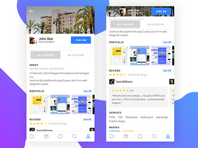 Freelancing app app application bar bottom freelancer freelancing hire portfolio profile rating reviews