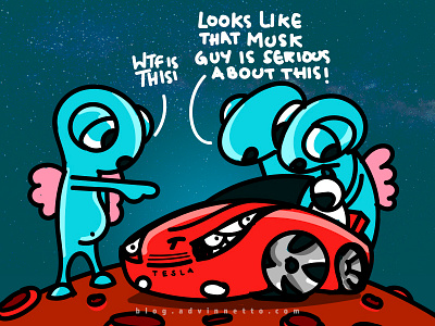 Meanwhile on Mars. aliens comic strip elon musk falcon illustration mars spacex tesla