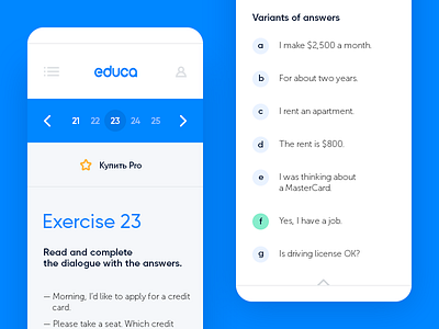 Educa app clean educa english exercise lessons minimal premium site steps ui ux